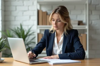 Secrétaire indépendante analysant son slogan professionnel devant son ordinateur portable dans un bureau à domicile moderne