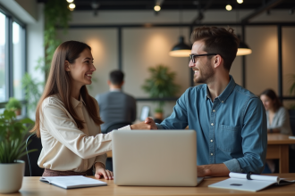 Deux jeunes professionnels se serrent la main dans un espace de coworking