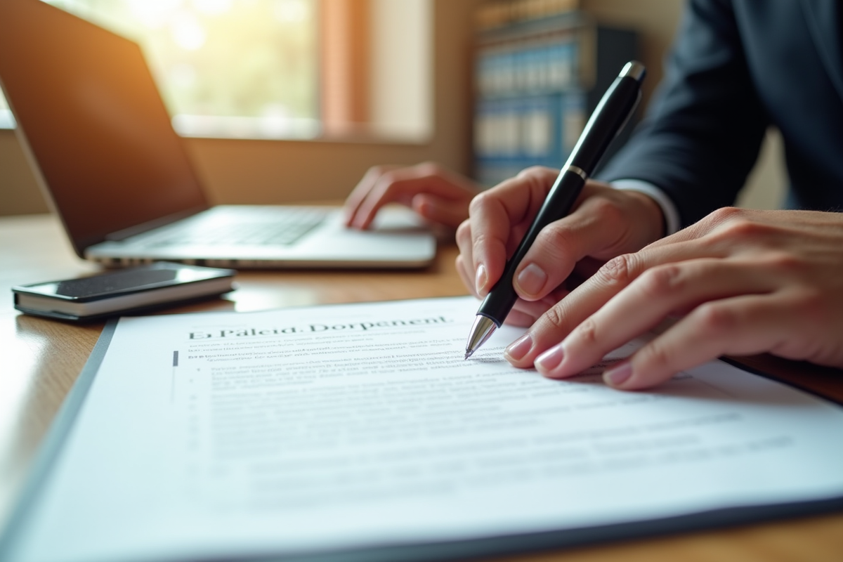 Mains signant un document de conformité dans un bureau ensoleille