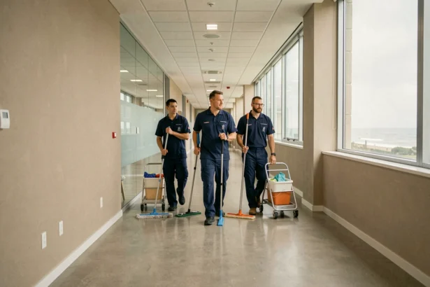 Équipe de nettoyage professionnelle en uniforme dans un couloir de bureaux en Normandie