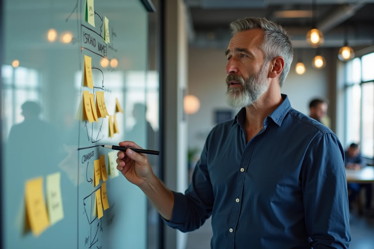 Stratège marketing en agence analysant le branding et la création d'un nom de marque sur tableau blanc