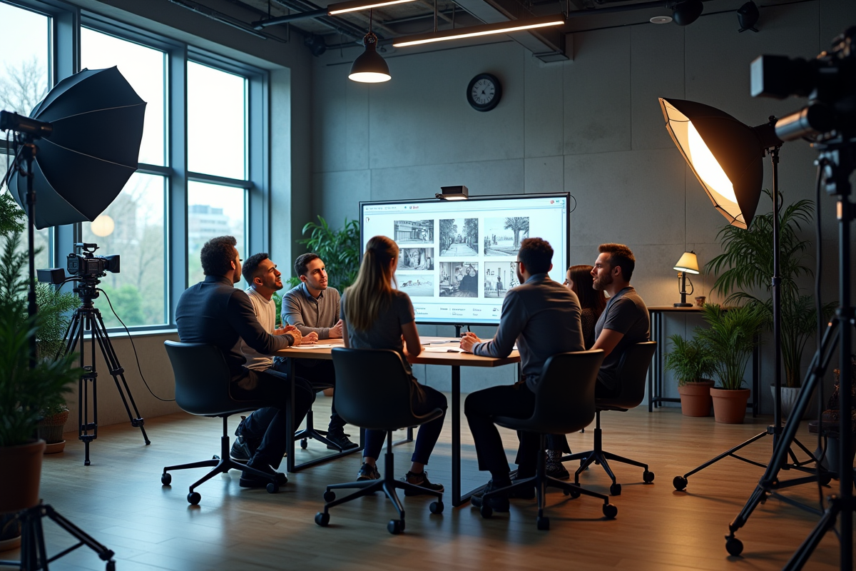 Studio de production télévisée moderne avec équipe créative