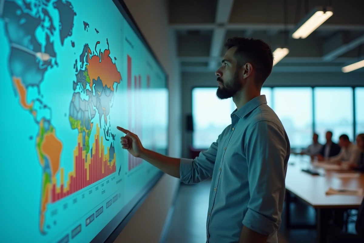 Chargé de développement économique analysant des indicateurs territoriaux sur un tableau de bord interactif grand écran dans un laboratoire de données