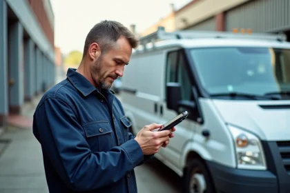 Technicien de maintenance consultant son application mobile Twimm pour optimiser sa tournée d'intervention en zone industrielle