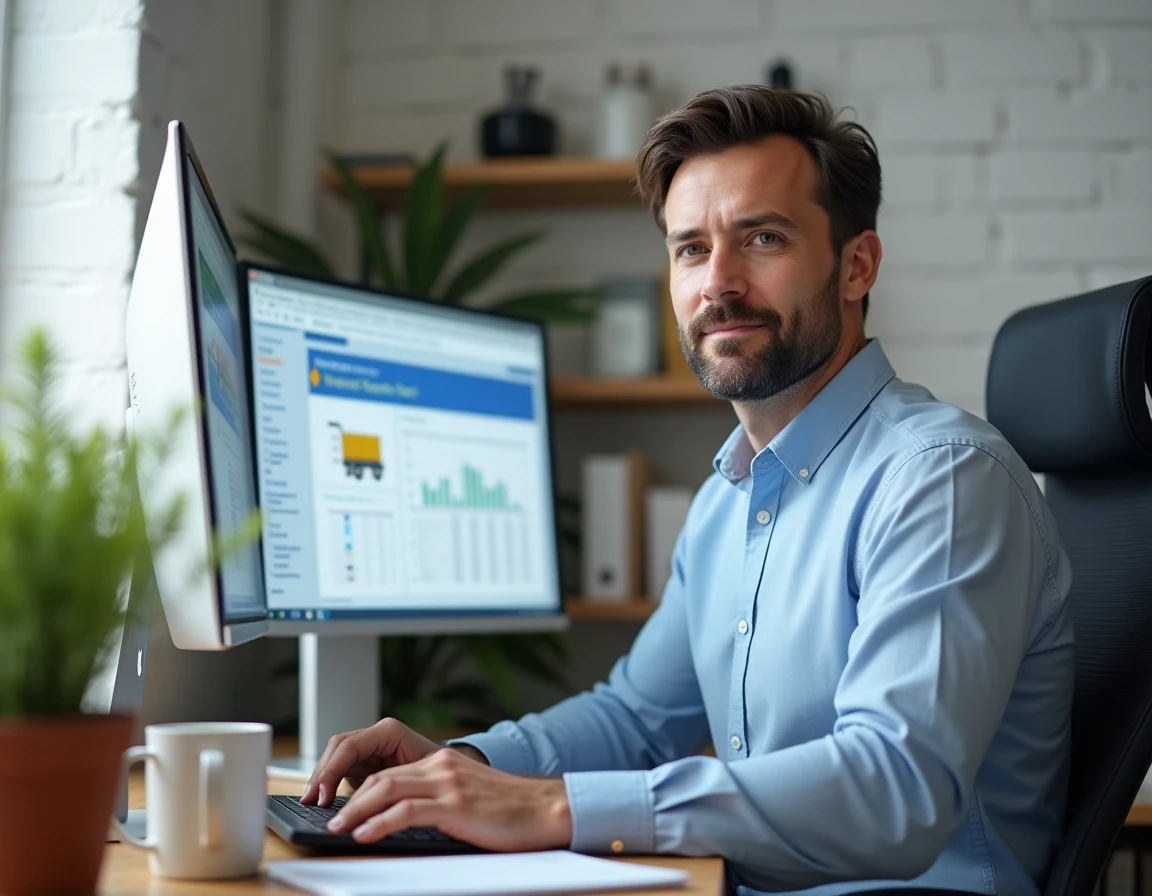 Professionnel en télétravail accédant à la plateforme GTM extra La Poste depuis un bureau à domicile