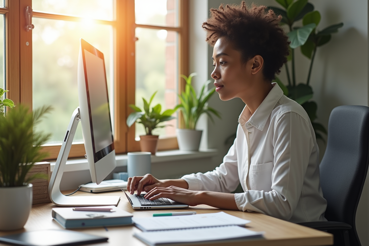 Personne concentrée travaillant à domicile sur un bureau organisé