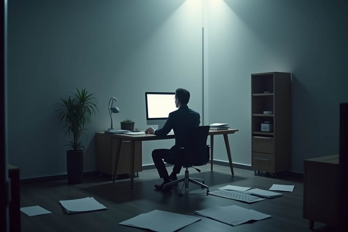 Professionnel seul réfléchissant dans un bureau minimaliste