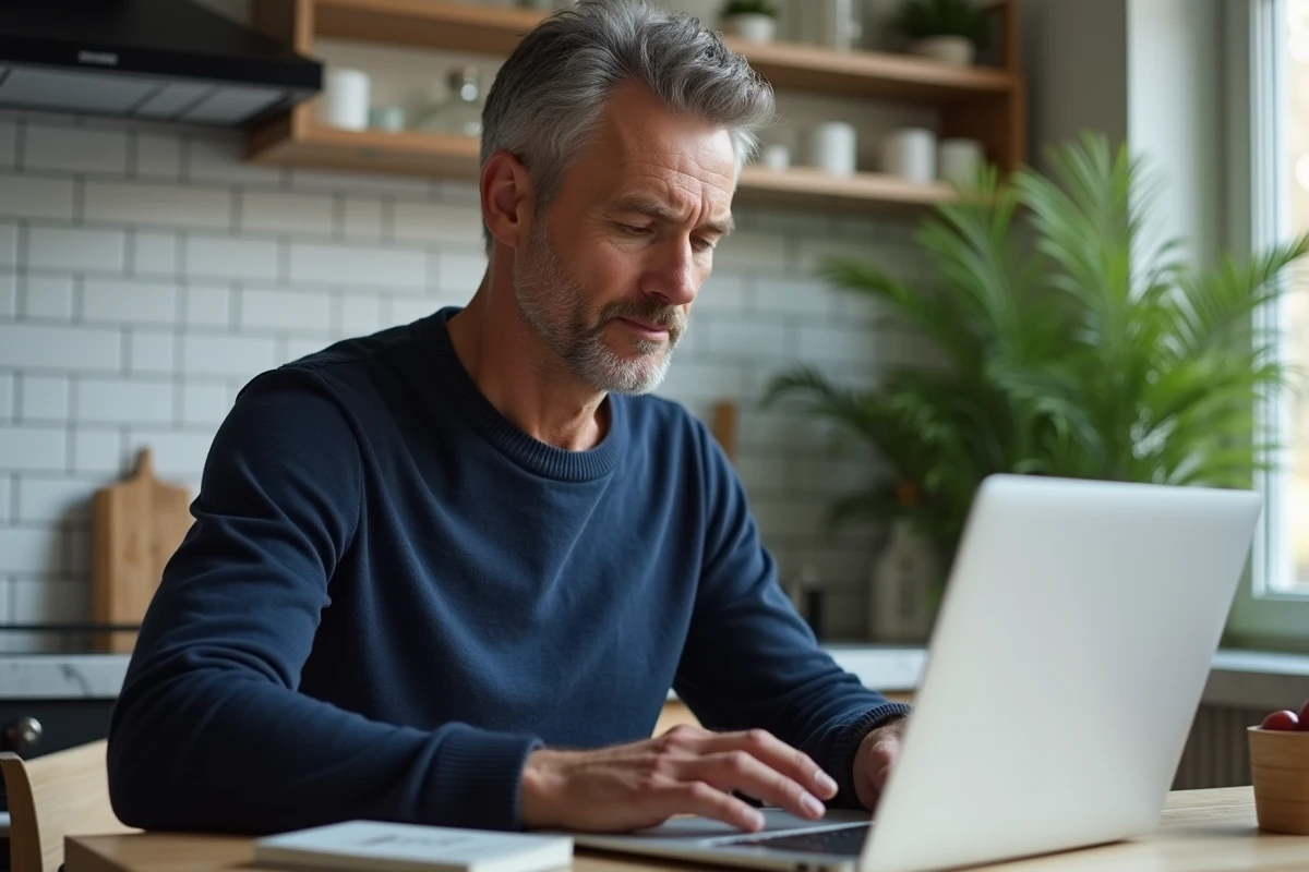 Homme vérifiant en ligne les enseignes acceptant le Shopping Pass depuis son domicile