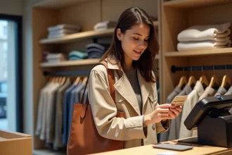 Femme vérifiant l'acceptation du Shopping Pass à la caisse d'une boutique de vêtements