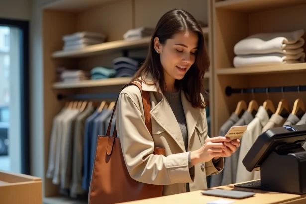 Femme vérifiant l'acceptation du Shopping Pass à la caisse d'une boutique de vêtements