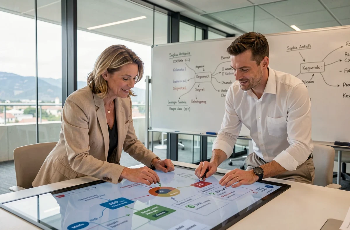 Deux professionnels de Web Alliance collaborant sur une stratégie de référencement autour d'un écran tactile dans une salle de réunion moderne à Sophia Antipolis